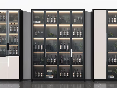 Modern Wine Cabinet With Glass Doors Built-in Lighting And Wine Bottle 3d model