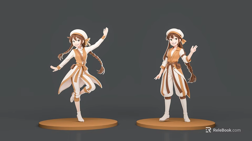 Women In Traditional Style Outfits Standing On Round Platforms With Different Poses 3d model 