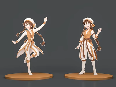 Women In Traditional Style Outfits Standing On Round Platforms With Different Poses 3d model