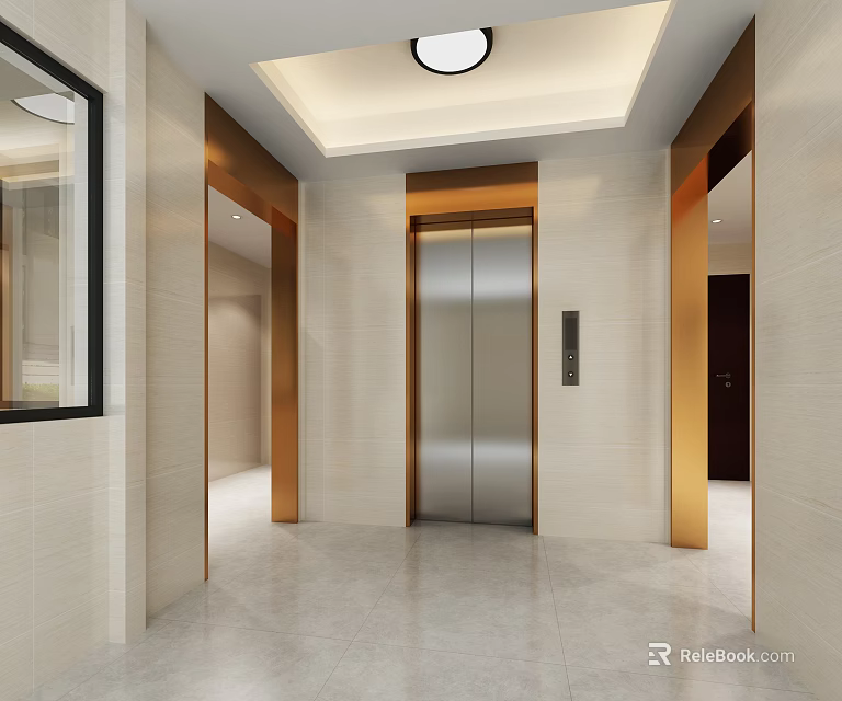 Modern Elevator Lobby Interior With Silver Elevator Beige Tiles Ceiling Light And Side Doors 3d model