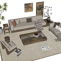 Modern Living Room Sofa And Coffee Table Set With Throw Pillows Rug And Potted Plants