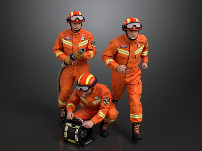 Three Men in Orange Fire Suits Handling Fire Hose and Equipment in Action 3d model