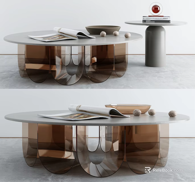 Round Modern Coffee Table with Gray Surface Transparent Acrylic Curved Legs Magazines Bowl Decorative Balls 3d model 