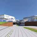 Modern Architectural Complex With Irregular White Roofs Green Lawn And Walking Paths 3d model