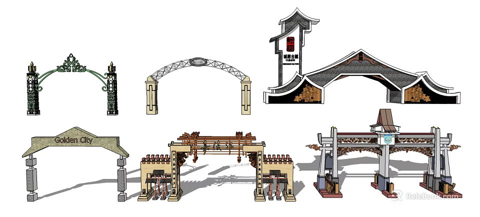 Traditional Chinese Entrance Gate Designs Featuring Arched Structures And Carved Decorations 3d model 