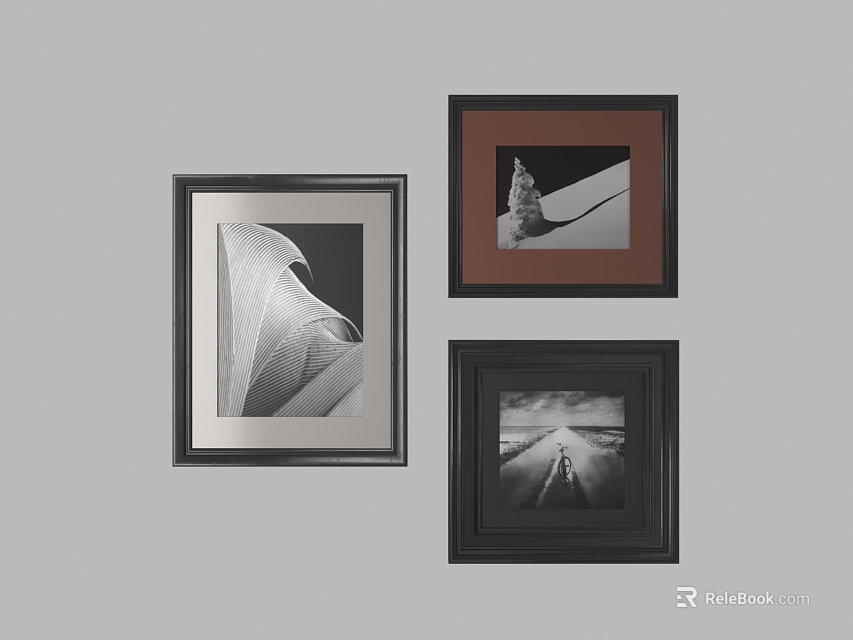 Framed Wall Decor with Silver Brown Black Frames and Black White Artworks on Grey Wall 3d model 