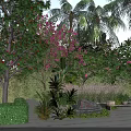 Tropical Garden Landscape With Lush Trees Flowering Plants Shrubs Stone And Wooden Bench