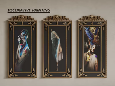 Three Decorative Figure Paintings with Ornate Frames Featuring Artistic Characters 3d model