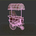 Red Vintage Food Cart With Striped Awning And Wooden Wheels On Brick Pavement