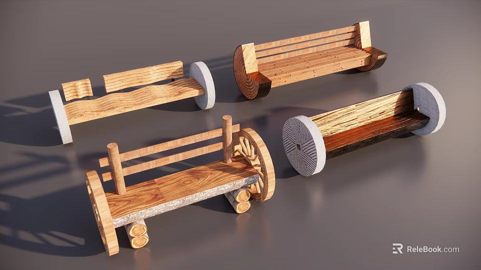 Rustic Wooden Garden Benches With Log Elements And Wheel Decorations Various Designs For Outdoor Decor 3d model 