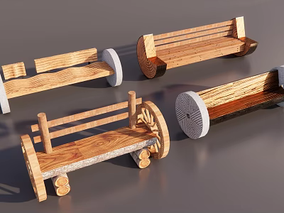 Rustic Wooden Garden Benches With Log Elements And Wheel Decorations Various Designs For Outdoor Decor 3d model