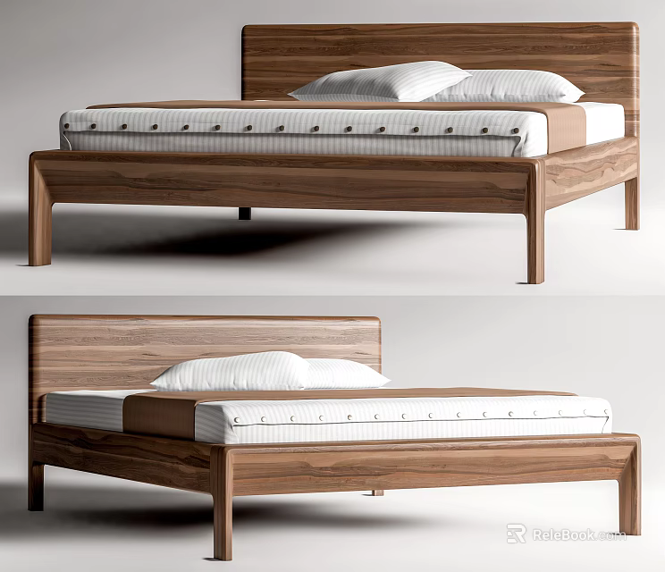 Stylish Double Bed With Wooden Frame White Mattress And Pillows For Bedroom Interior 3d model 