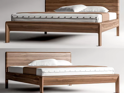 Stylish Double Bed With Wooden Frame White Mattress And Pillows For Bedroom Interior 3d model