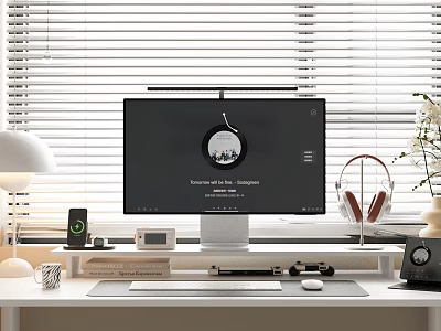 Desktop Decorative Ornament Set With Computer Monitor Circular Design Headphones Table Lamp Potted Plant 3d model