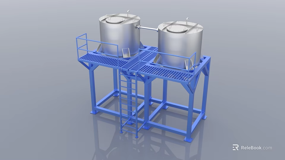 Industrial Equipment Double Stainless Steel Storage Tanks On Blue Metal Platform With Ladder And Railings 3d model 