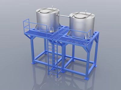 Industrial Equipment Double Stainless Steel Storage Tanks On Blue Metal Platform With Ladder And Railings 3d model