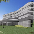 Modern Hotel Building with Curved Exterior Design Surrounded by Green Lawn Trees and Glass Windows