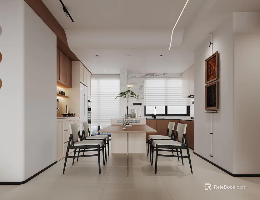 Modern Restaurant Open Kitchen With Dining Table Chairs Cabinets And Pendant Light 3d model