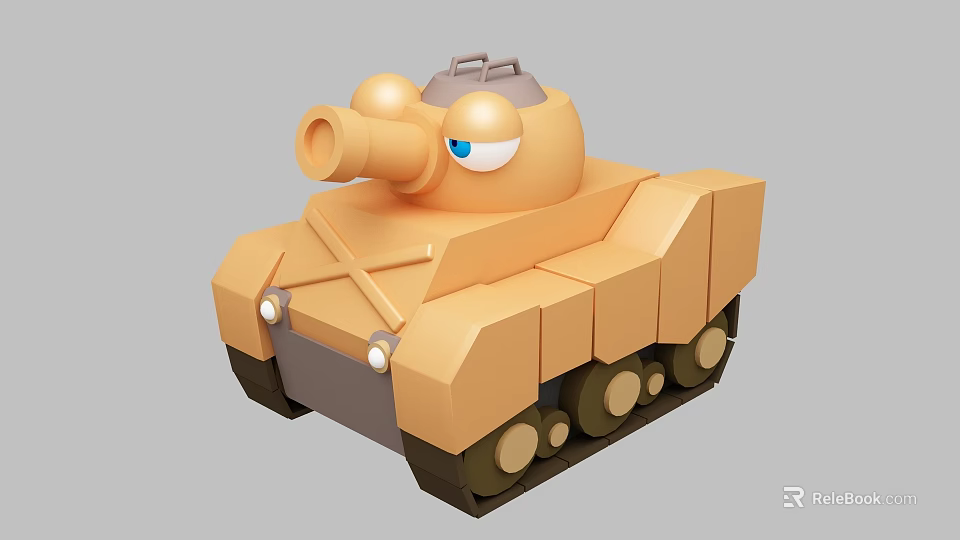 Cute Orange Cartoon Tank Toy Featuring Big Blue Eyes Cannon And Tracks 3d model 
