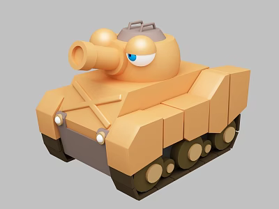 Cute Orange Cartoon Tank Toy Featuring Big Blue Eyes Cannon And Tracks 3d model