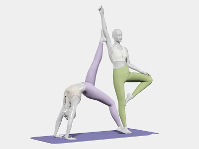 Models Doing Yoga Poses In Purple And Green Pants On Purple Mat 3d model