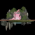 Floral Art Installation With Pink Cherry Blossoms Rocky Background And Green Trees