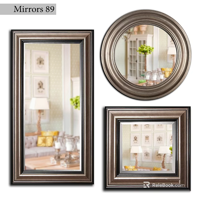Different Shaped Decorative Mirrors With Metallic Frames Reflecting Living Room Interior Decor 3d model 