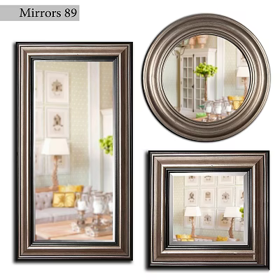 Different Shaped Decorative Mirrors With Metallic Frames Reflecting Living Room Interior Decor 3d model
