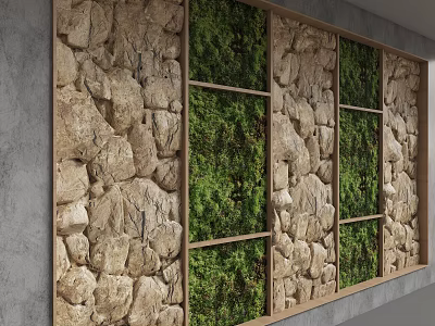 Natural Stone Panel And Green Moss Wall With Wooden Frame Design 3d model