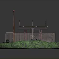 Scenic Circular Grassy Area With Red Street Lamp Metal Framework Tires and Gravel Path