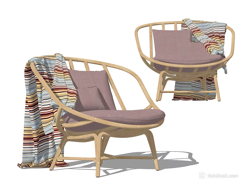 Outdoor Chair With Rattan Frame Round Back Purple Cushion And Colorful Striped Blanket 3d model 