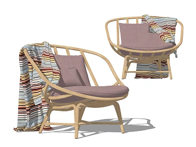 Outdoor Chair With Rattan Frame Round Back Purple Cushion And Colorful Striped Blanket 3d model