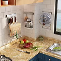 Organized Kitchen Utensils on Wall Rack with Marble Countertop and Fresh Vegetables