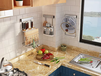 Organized Kitchen Utensils on Wall Rack with Marble Countertop and Fresh Vegetables 3d model