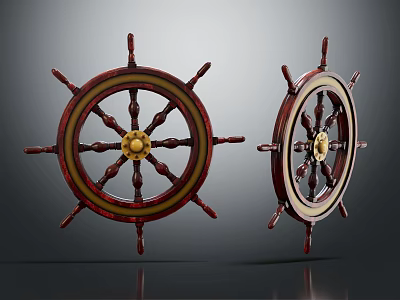 Wooden Ship Wheel Decorative Ornament Set With Golden Center And Red Accents 3d model