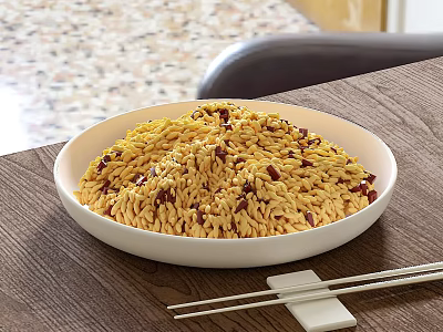 Yellow Noodles with Red Granules Served in White Bowl on Wooden Table and Chopsticks 3d model