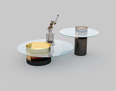 Round Glass Top Coffee Tables With Gold Black Brown Bases And Vase With Dried Flowers 3d model
