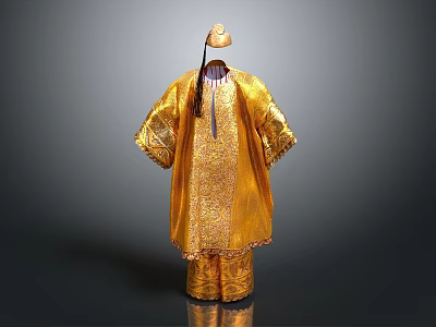Traditional Golden Robe and Hat with Ornate Patterns and Tassel Accents 3d model