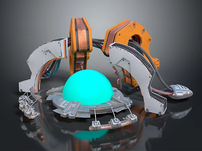Smart Machine Featuring Central Blue Sphere Orange Components And Metallic Mechanical Arms 3d model