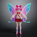 Game And Movie Character With Pink Hair Bow Colorful Wings Beige Top Red Pleated Skirt