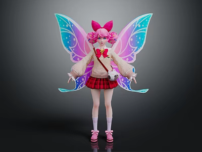 Game And Movie Character With Pink Hair Bow Colorful Wings Beige Top Red Pleated Skirt 3d model