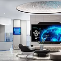 Modern Bank Lobby Interior With Round Blue Sofas Digital Screens And Marble Flooring