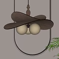 Modern Wooden Pendant Light with Curved Blades White Spherical Bulbs Circular Mirror and Green Plant