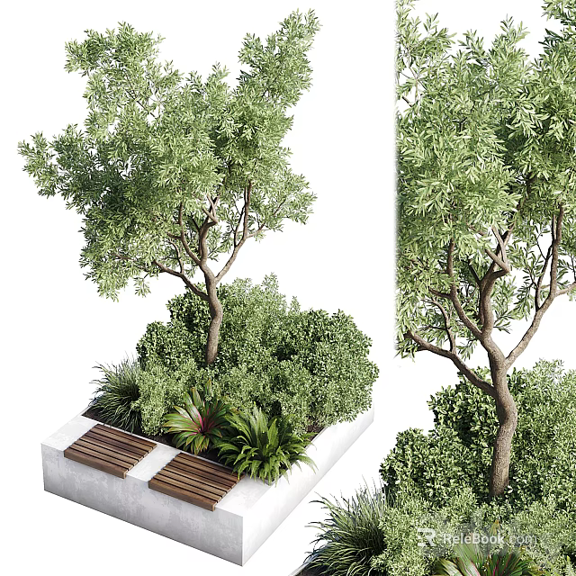 Modern Flower Planter with Green Plants Tree and Lush Foliage in Garden 3d model 