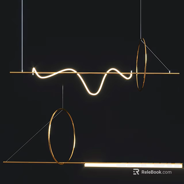 Modern Pendant Light Design With Curved LED Strip And Golden Circular Rings 3d model 