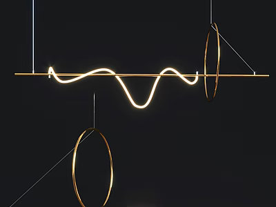 Modern Pendant Light Design With Curved LED Strip And Golden Circular Rings 3d model
