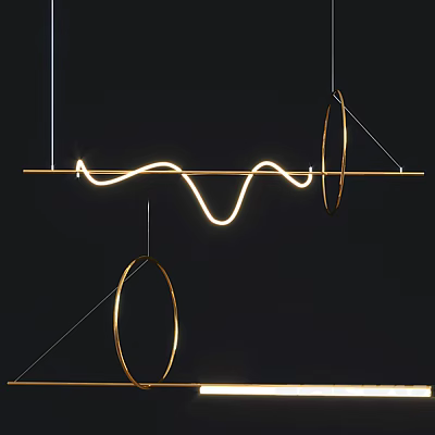 Modern Pendant Light Design With Curved LED Strip And Golden Circular Rings 3d model