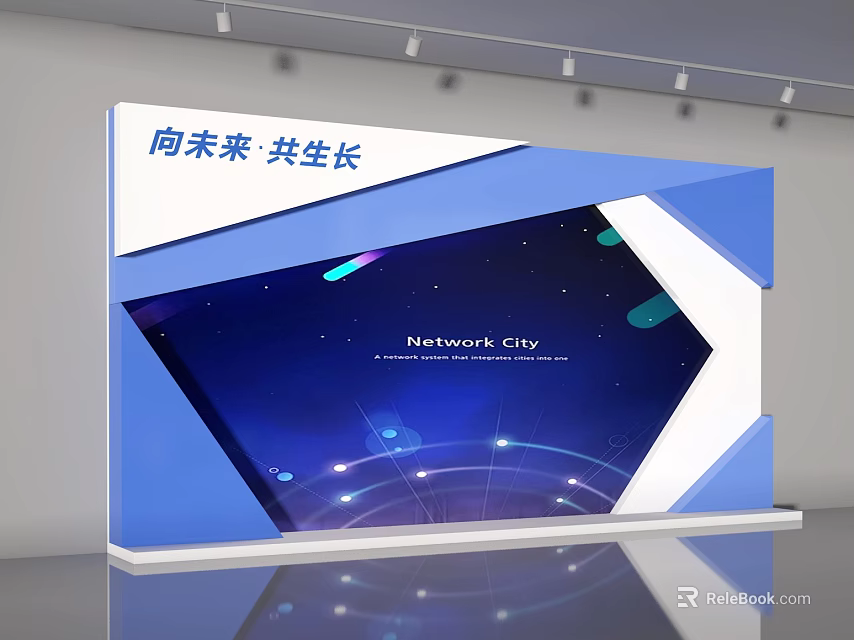 Modern Event Display Wall with Blue White Geometric Design Network City and Digital Elements 3d model 