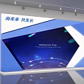Modern Event Display Wall with Blue White Geometric Design Network City and Digital Elements