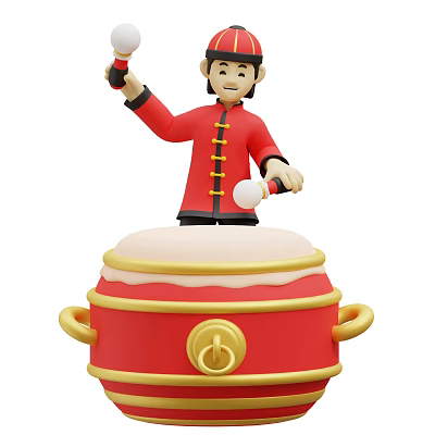 Man In Red Chinese Traditional Costume Holding Drumsticks On Big Drum With Gold Decorations 3d model